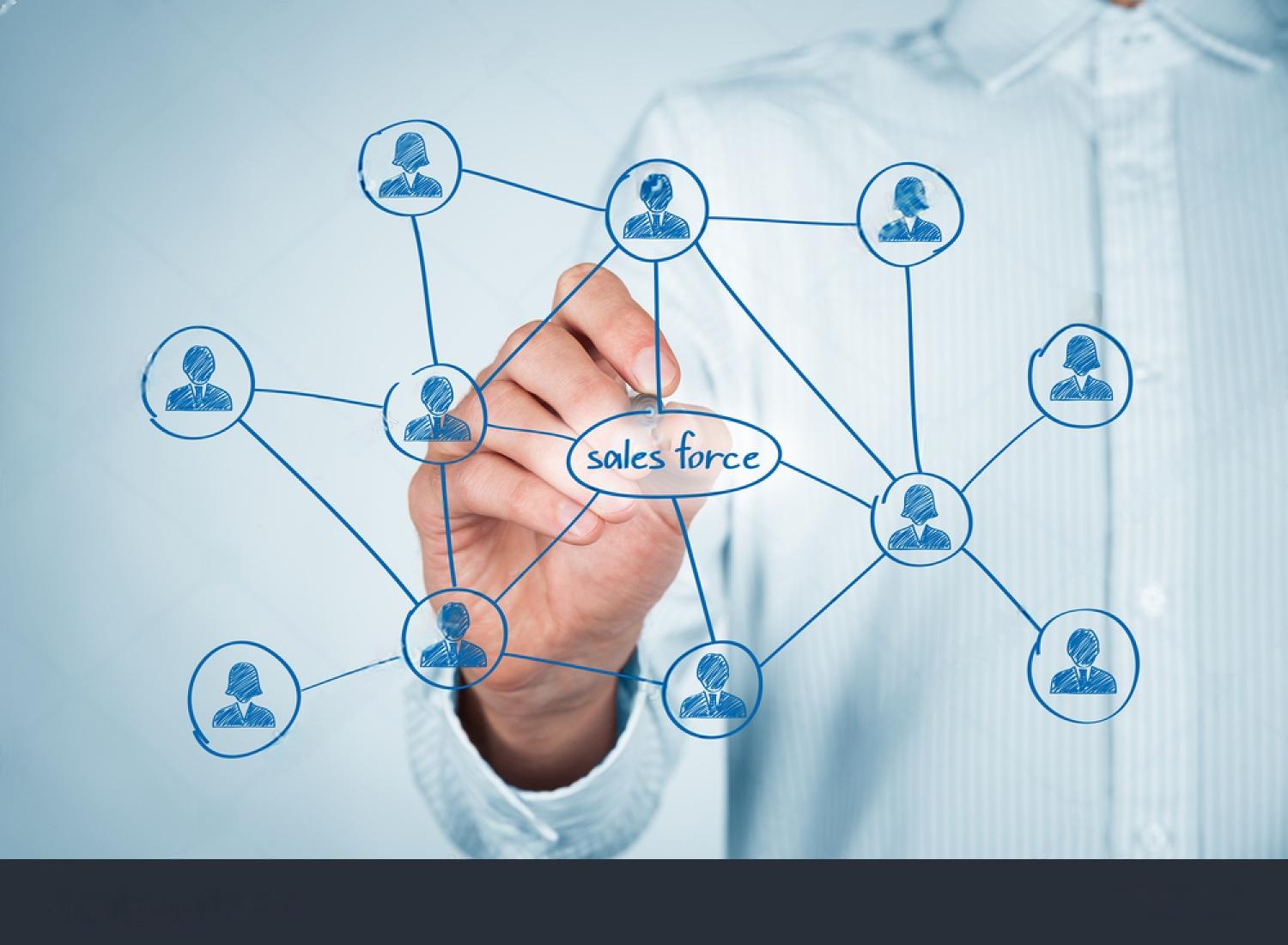 Hand drawing a connected sales force network diagram.